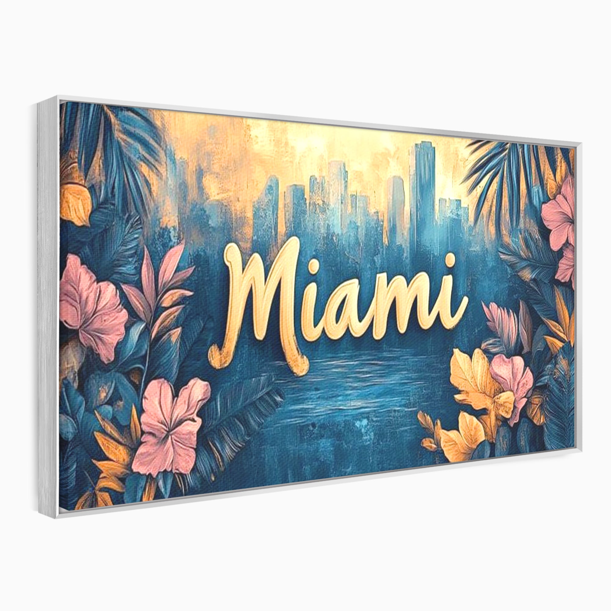 Tablou canvas cu tablou canvas cu peisaj urban miami, in rama de aluminiu argintiu